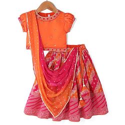 Babyhug Woven Short Sleeves Sequin Embroidered Choli & Floral Printed Lehenga Set with Duppatta - Orange & Fuschia