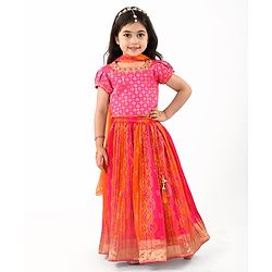 Babyhug Woven Short Sleeves Embroidered Choli with Brocade Lehenga & Dupatta Set - Fuschia