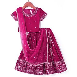 Babyhug Woven Half Sleeves Velvet Sequin Embroidered Choli & Lehenga Set with Dupatta - Dark Pink