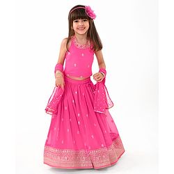 Babyhug Sleeveless Georgette Woven Mirror Work Embroidered Choli Lehenga with Dupatta - Pink