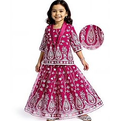 Babyhug Woven Three Fourth Sleeves Floral Embroidered Choli Lehenga Set with Jacket - Pink