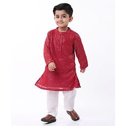 Babyhug Woven Full Sleeves Sequinned Kurta Pyjama Set - Red