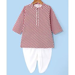 Babyhug Cambric Full Sleeves Striped Kurta Dhoti Set - Red & White