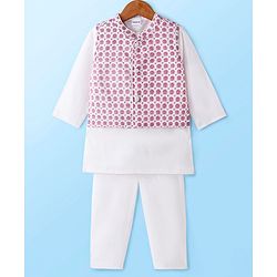 Babyhug Cambric Woven Solid Dhoti Kurta Set with Floral Printed Nehru Jacket - Pink & White