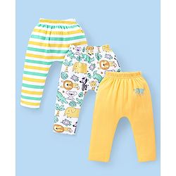 Babyhug Interlock Knit Full Length Diaper Leggings with Striped & Lion Print Pack of 3 - Yellow White & Green