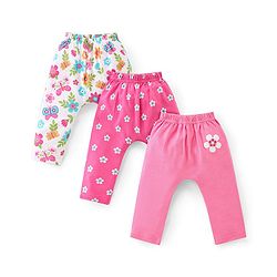 Babyhug Cotton Knit Full Length Diaper Legging Floral Print Pack Of 3 - Pink & White