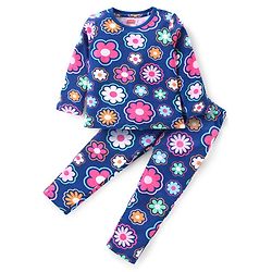 Babyhug Cotton Knit Full Sleeves Night Suit with Floral Print - White & Blue