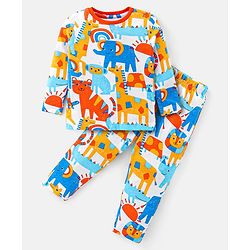 Babyhug Cotton Knit Full Sleeves Night Suit with Wild Animals Print - Multicolour