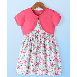 Babhyhug Single Jersey Knit Sleeveless Frock with Floral Print - White
