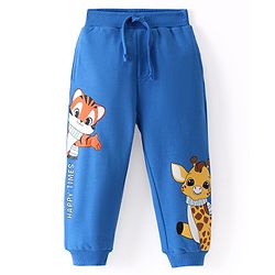 Babyhug French Terry Knit Full Length Lounge Pant with Tiger & Giraffe Print - Blue