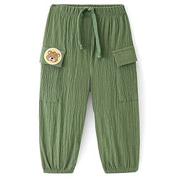 Babyhug French Terry Knit Full Length Lounge Pant with Animal Patch Detailing - Olive Green