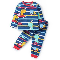 Babyhug Cotton Knit Full Sleeves Night Suit with Dino Print - Multicolor