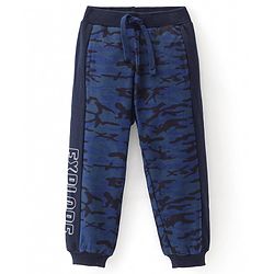 Babyhug French Terry Full Length Lounge Pant with Side Text & Camouflage Print - Navy Blue