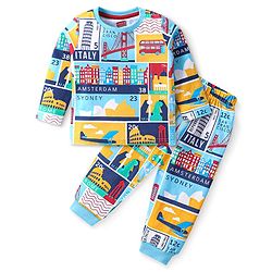 Babyhug Cotton Knit Full Sleeves Night Suit with Vehicle & Text Print - Multicolour