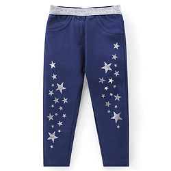 Babyhug Terry Knit Full Length Jegging with Star Print - Navy Blue