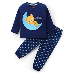 Babyhug Cotton Knit Full Sleeves Night Suit Bear Print- Navy