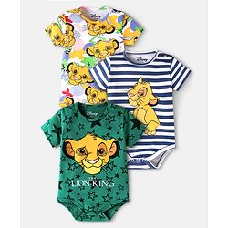 Babyhug Disney Interlock Knit Half Sleeves Striped & The Lion King Printed Onesies Pack of 3 - Green & White
