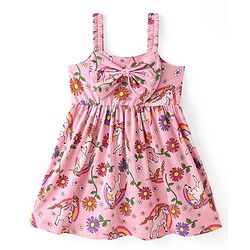 Babyhug Cotton Knit Sleeveless Frock with Bow Applique & Floral Print - Pink