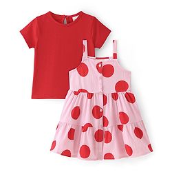 Babyhug Cotton Woven Half Sleeves T-Shirt With Polka Dot Print Frock - Pink & Red