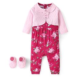 Babyhug 100% Cotton Knit Full Sleeves Romper & Pair of Booties Floral Print - Multicolour