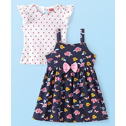 Babyhug Cotton Knit Sleeveless Frock with Inner Tee Floral Print & Bow Applique - Multicolour