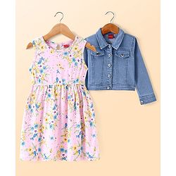 Babyhug Cotton Knit Floral Printed Frock with Full Sleeves Denim Jacket - Blue & Pink