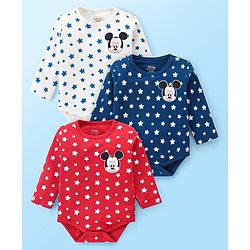 Babyhug Disney Interlock Knit Full Sleeves Onesies With Mickey Mouse Graphics Pack of 3 - Red White & Navy Blue