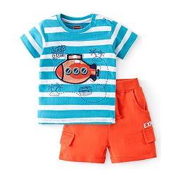 Babyhug Cotton Knit Half Sleeves T-Shirt & Shorts Set With Submarine Print - Blue & Orange