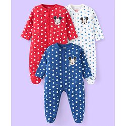 Babyhug Disney Interlock Knit Full Sleeves Sleep Suit with Star Print & Mickey Mouse Graphics Pack of 3 - Red Blue & White