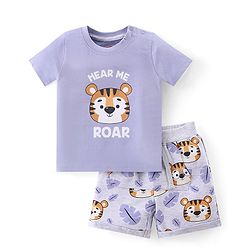 Babyhug Cotton Knit Half Sleeves T-Shirt & Shorts Set With Tiger Print - Purple