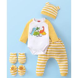 Babyhug 100% Cotton Knit Raglan Full Sleeves Striped & Dino Printed Onesie with Legging Cap & Mittens Booties Set - Yellow