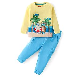 Babyhug Cotton Knit Full Sleeves T-Shirt & Lounge Pants Set With Beach Animals Print - Yellow & Blue