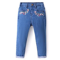 Babyhug Full Length Washed Stretchable Denim Jeans With Floral Embroidery - Blue