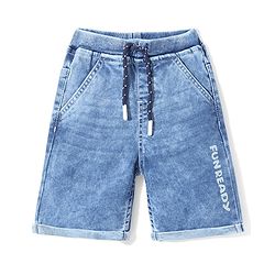 Babyhug Above Knee Length Stretchable Denim Washed Bermuda with Text Print - Blue