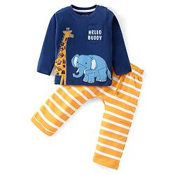 Babyhug Single Jersey Knit Full Sleeves T-Shirt & Pant Set with Striped Giraffe & Elephant Print - Blue & Yellow