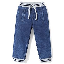 Babyhug Full Length Denim Washed Stretchable Joggers with Black & White Stripes - Blue