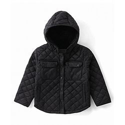 Babyhug Woven Full Sleeves Padded Hooded Solid Colour Jacket - Black