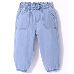 Babyhug Full Length Denim Washed Stretchable Joggers with Bow Applique Solid Colour- Light Blue