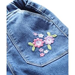Babyhug Cotton Full Length Denim Washed Stretchable Joggers with Floral Embroidered - Blue