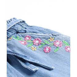 Babyhug Denim Full Length Washed Jeans with Stretch & Floral Embroidery - Blue