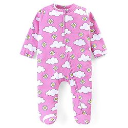 Babyhug Cotton Knit Full Sleeves Sleep Suit With Floral & Clouds Print - Pink