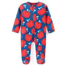 Babyhug Cotton Knit Full Sleeves Sleep Suit With Apples Print - Navy & Red