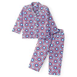 Babyhug Marvel Cotton Woven Front Open Full Sleeves Night Suit With Captain America Print - Blue