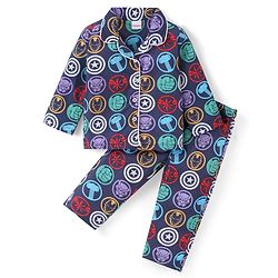 Babyhug Marvel Cotton Woven Full Sleeves Front Open Night Suit with Avengers Print - Navy