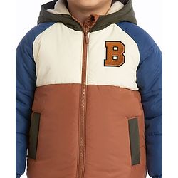 Babyhug Full Sleeves Padded Winter Jacket with Hood & Text Patch- Brown Navy & White