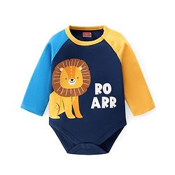 Babyhug 100% Cotton Knit Full Raglan Sleeves Onesie with Lion Print - Navy Blue