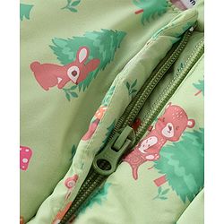 Babyhug Woven Full Sleeves Hooded Winter Romper with Zipper Christmas Theme - Limegreen