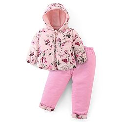 Babyhug Full Sleeves Hooded Puffer Winter Wear Suit With Floral Print - Pink