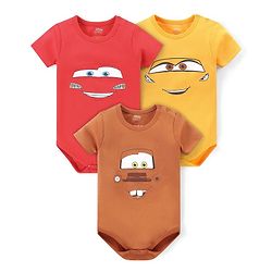 Babyhug Disney Interlock Knit Half Sleeve Onesies with Car Graphics Pack of 3- Red Yellow & Brown