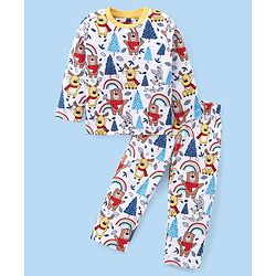 Babyhug Cotton Knit Full Sleeves Night Suit with Animal Print - White